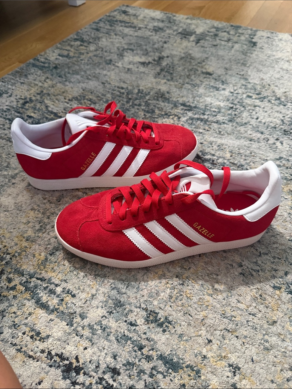 adidas Gazelle Red Suede Sneakers with White Stripes and Gold Script - worn once